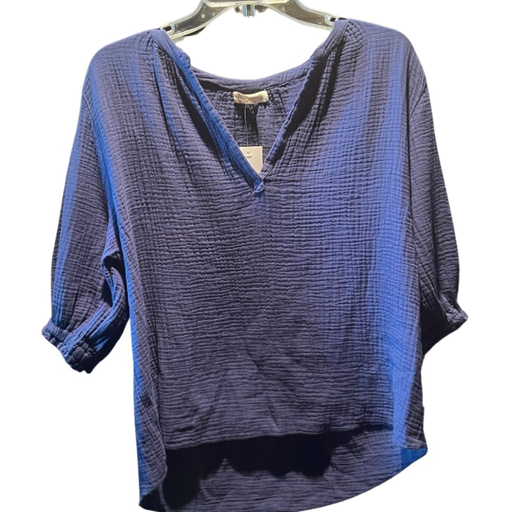 Blue cotton gauzy top with puff sleeves